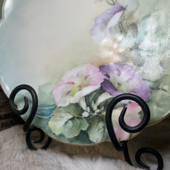 Limoges Hand Painted Pink  Purple Morning Glories & Gold Cake Plate - Picture 9 of 11